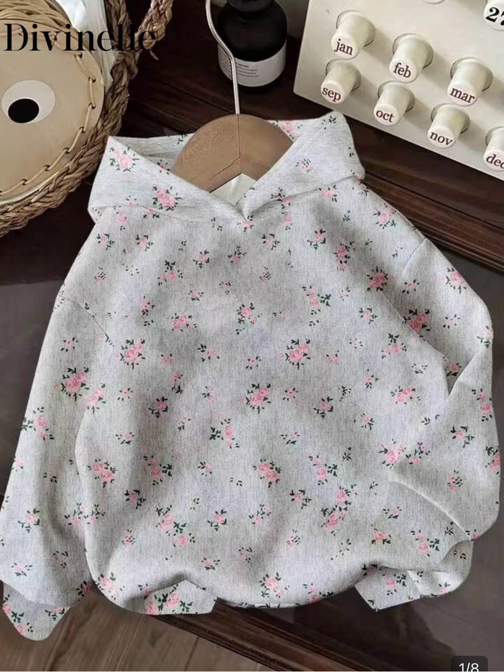 Women's Floral Hooded Sweater in Light Gray and Pink